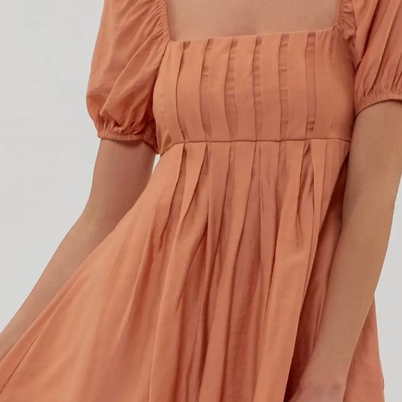 Blu Pepper Dusty Apricot Square Neck Puff Sleeve Pleated Mini Dress - Picture 5 of 6